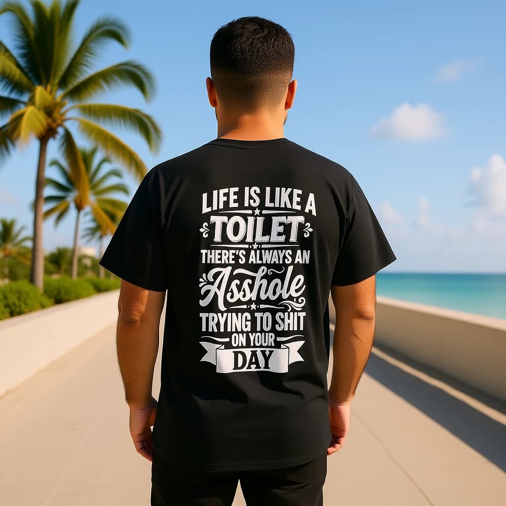 AI-generated styling preview: a person wearing the black Life Is Like a Toilet back-print tee — sunny boardwalk.