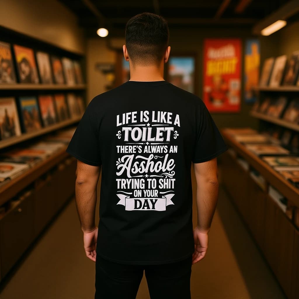 AI-generated styling preview: a person wearing the black Life Is Like a Toilet back-print tee — record shop stop.