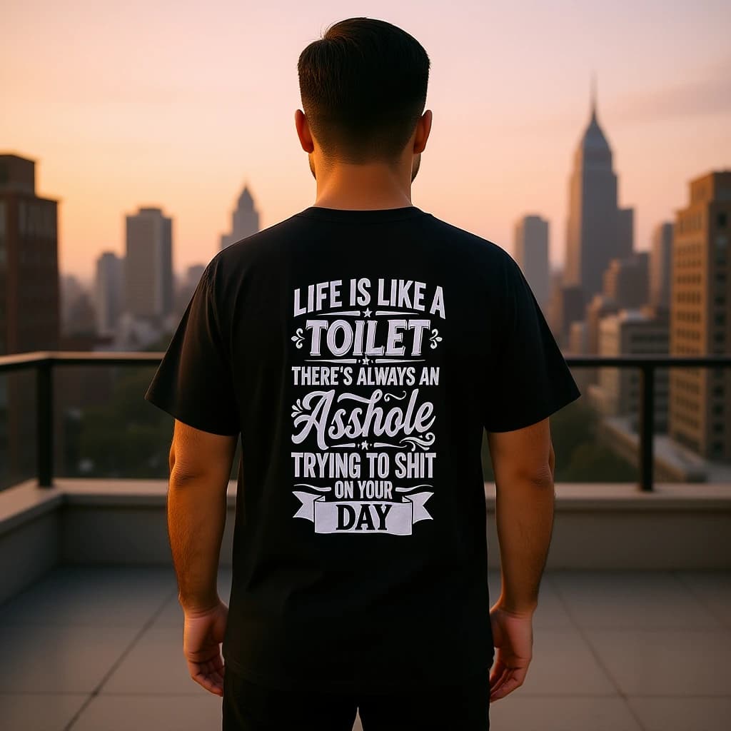 AI-generated styling preview: a person wearing the black Life Is Like a Toilet back-print tee — rooftop evening.