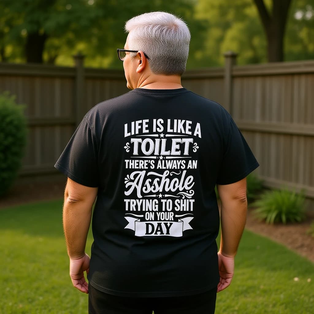AI-generated styling preview: a person wearing the black Life Is Like a Toilet back-print tee — backyard weekend.