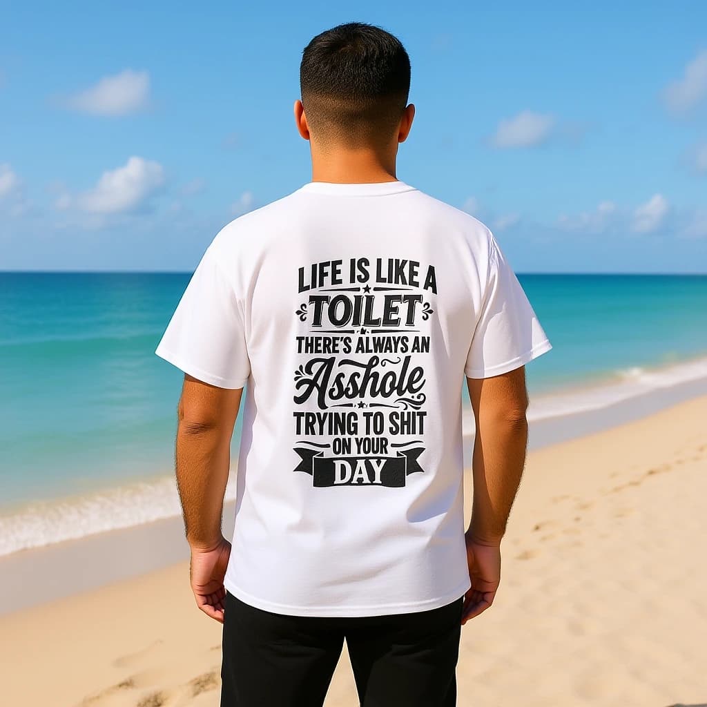 AI-generated styling preview: a person wearing the white Life Is Like a Toilet back-print tee — seaside in white.