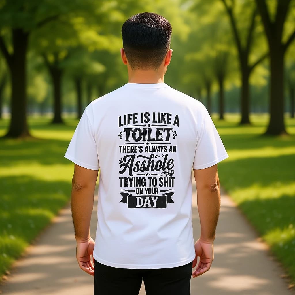 AI-generated styling preview: a person wearing the white Life Is Like a Toilet back-print tee — park trail.