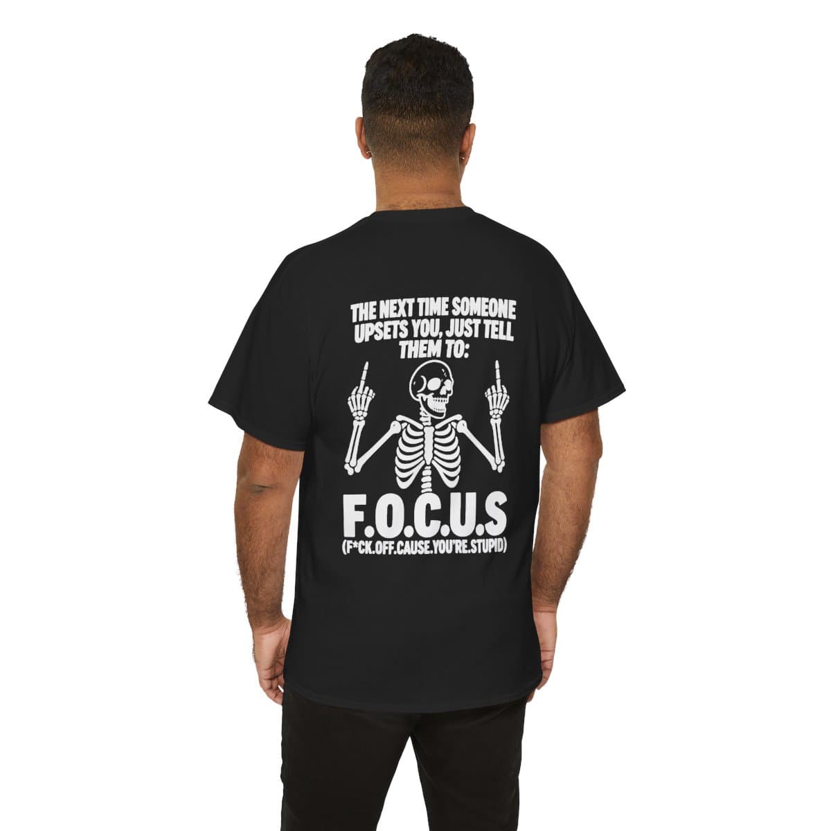 F.O.C.U.S. Skeleton — Gildan 5000 Back Print Tee — black, Model back view